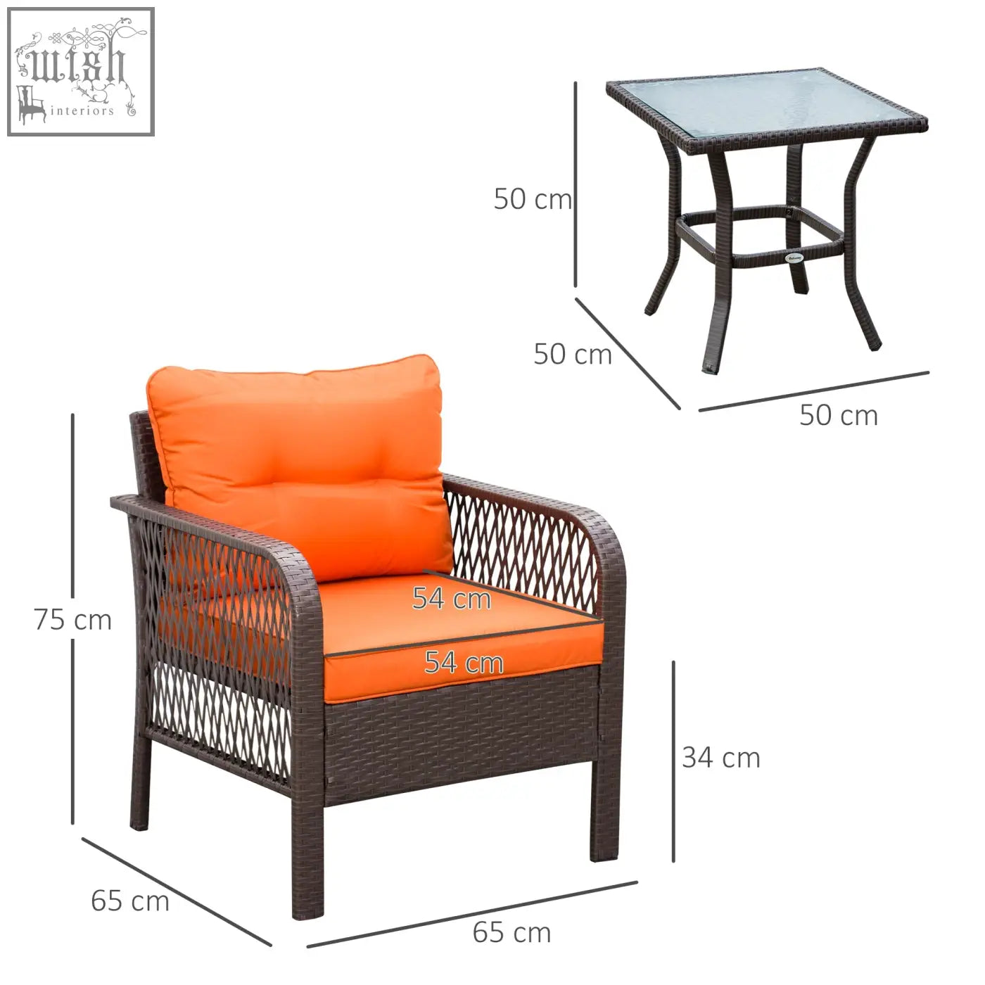 Brown wicker patio armchair with vibrant orange cushions part of outsunny rattan bistro set with tempered glass coffee table holding place