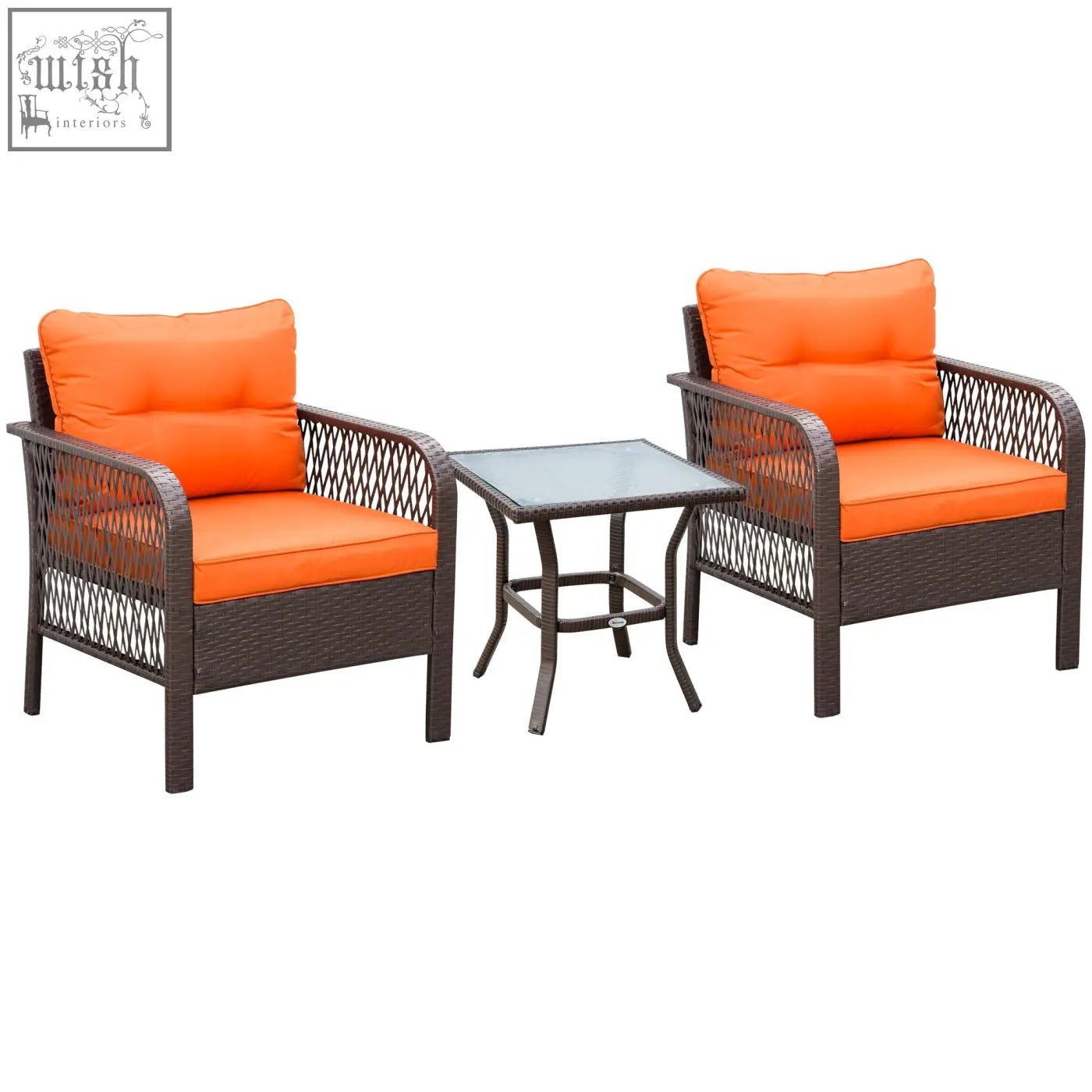 Set of two dark brown wicker armchairs with orange cushions and a tempered glass top coffee table garden set