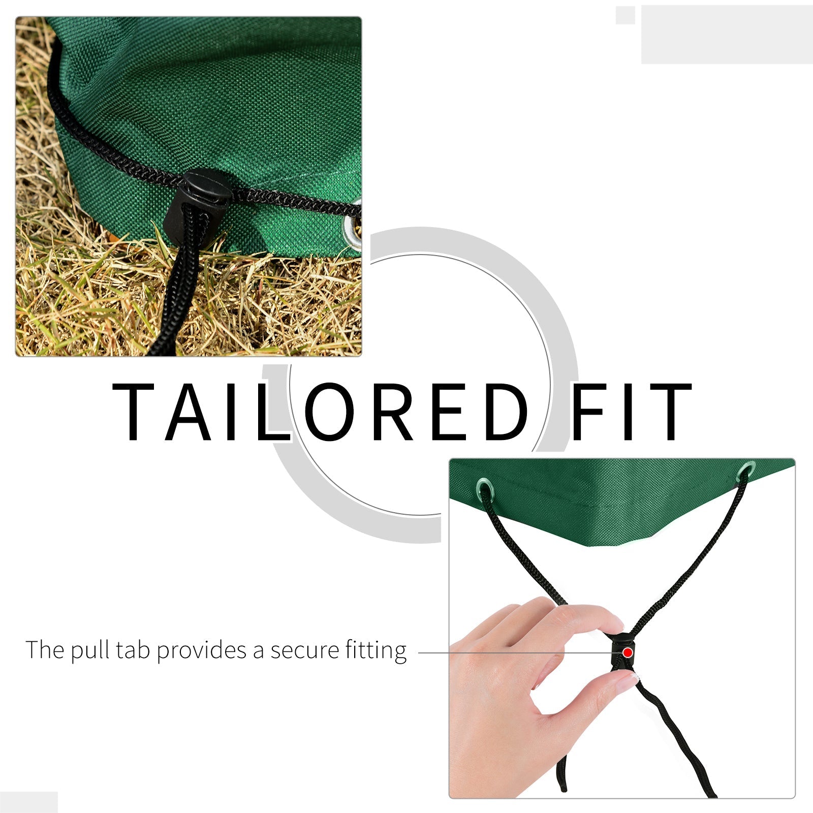 Green oxford fabric garden canopy with black drawstring and toggle for tailored fit on outsunny swing chair cover
