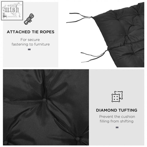Black diamond tufted bench cushion with fabric cover and tie fastenings for secure outdoor and indoor use