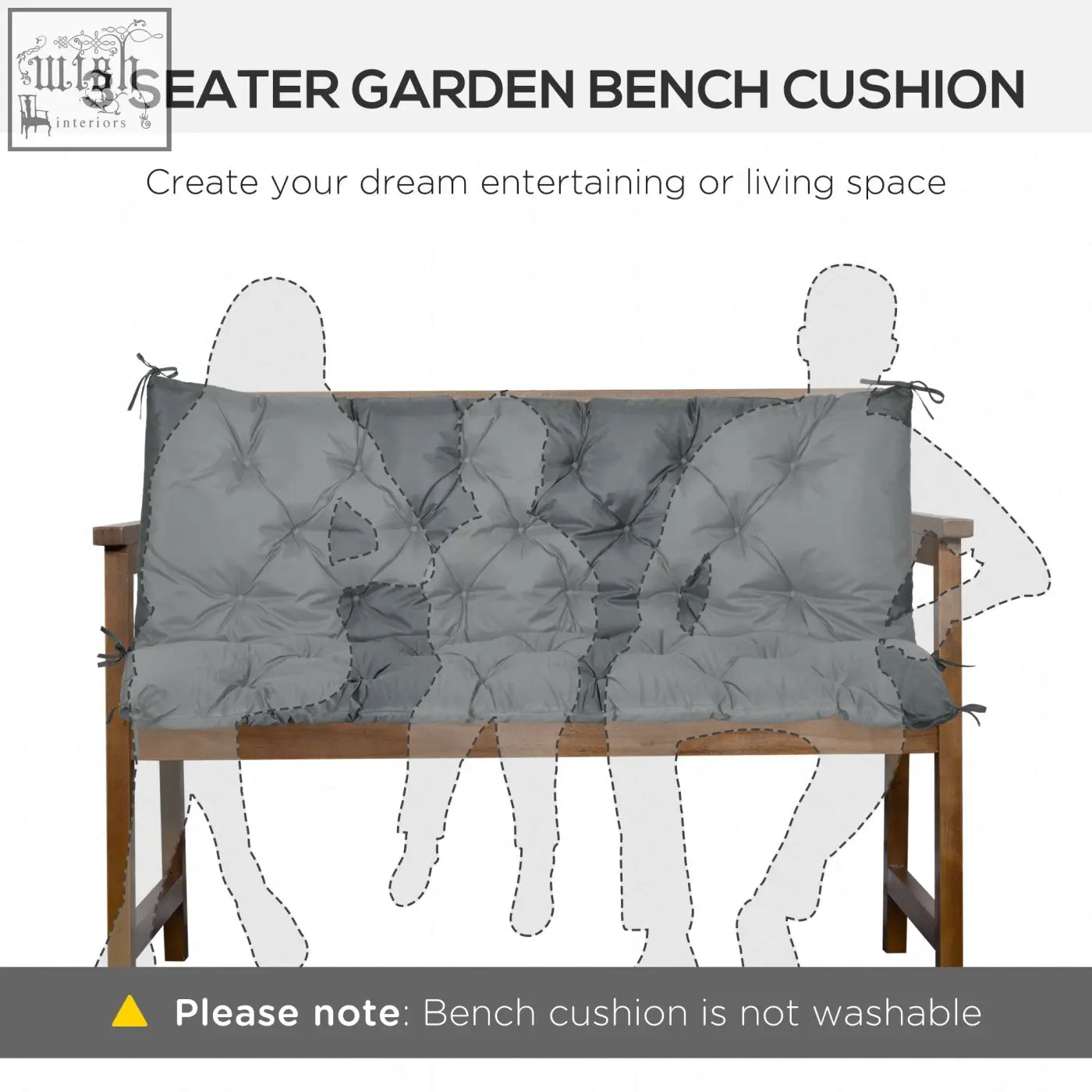 Gray tufted garden bench cushion for three seats with polyester fabric and tie fastenings for indoor outdoor use