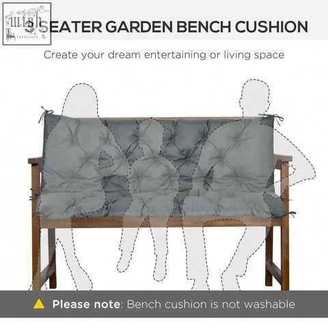 Gray tufted garden bench cushion for three seats with polyester fabric and tie fastenings for indoor outdoor use