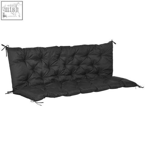 Black tufted outdoor bench cushion with quilted fabric cover and tie fastenings for secure indoor and outdoor use