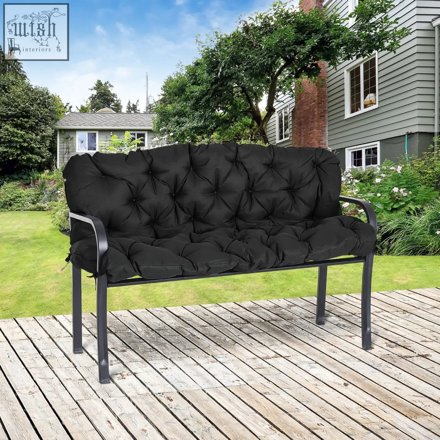 Black tufted fabric cover bench cushion with tie fastenings for metal 3 seater bench indoor outdoor use