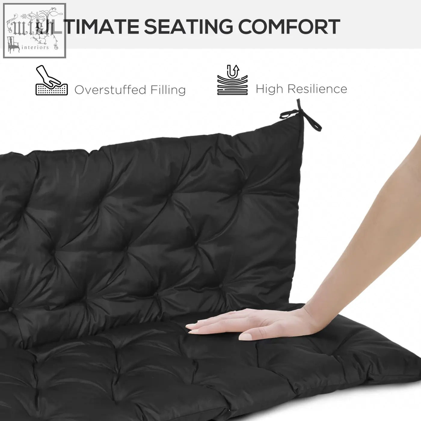 Black tufted outsunny 3 seater bench cushion with fabric cover, overstuffed filling, and tie fastenings for outdoor use