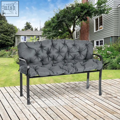 Dark gray tufted outsunny 3 seater bench cushion with polyester fabric and tie fastenings on black metal bench