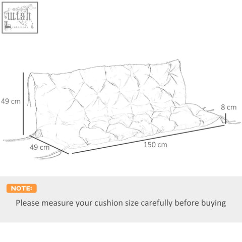 Black tufted outdoor bench cushion with quilted fabric cover and tie fastenings for secure placement and comfort