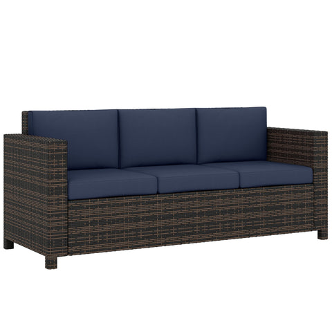 Dark brown woven rattan sofa for three persons with dark blue fire resistant cushions and metal frame