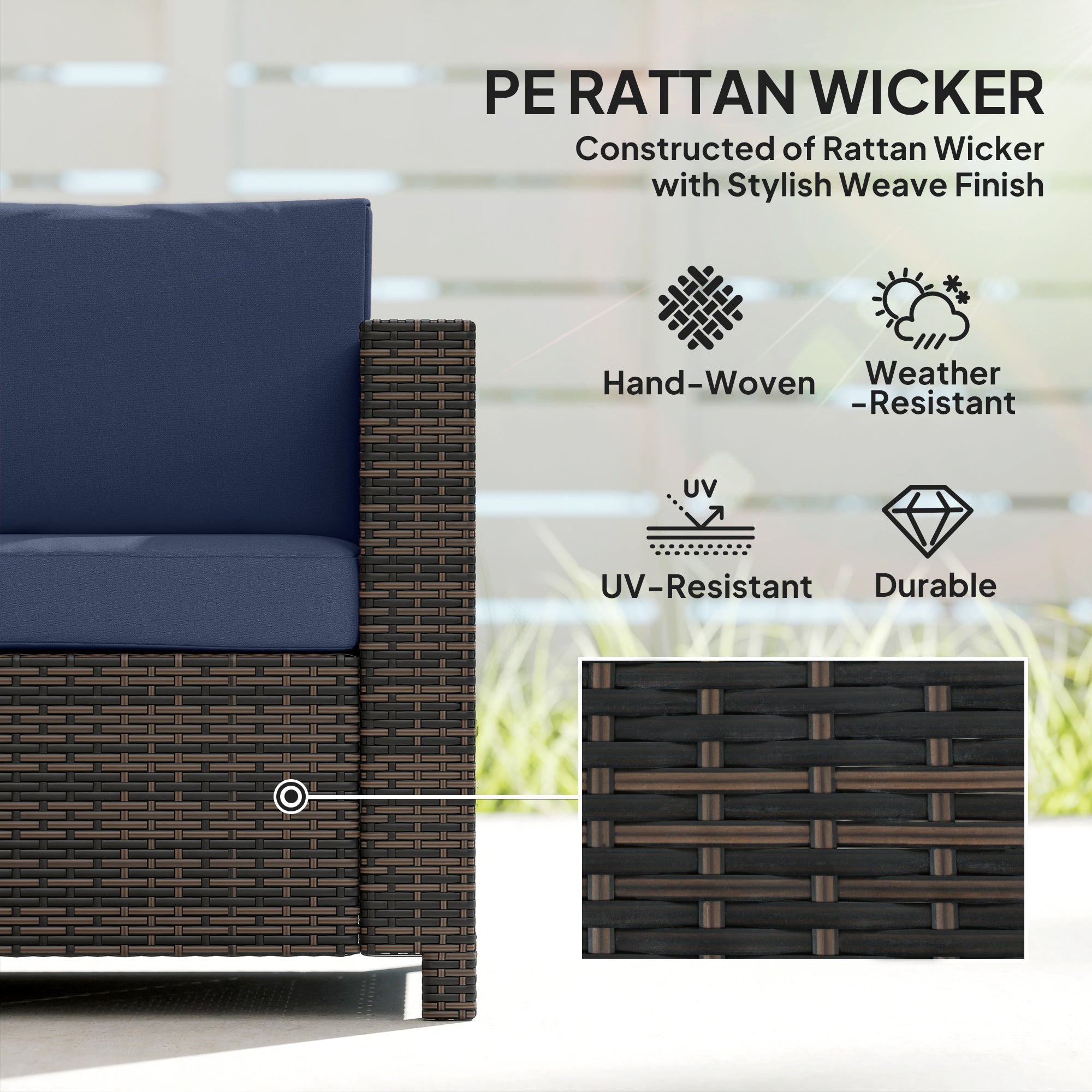 Dark brown rattan sofa outdoor armchair with dark blue cushions perfect for three persons and all-weather use