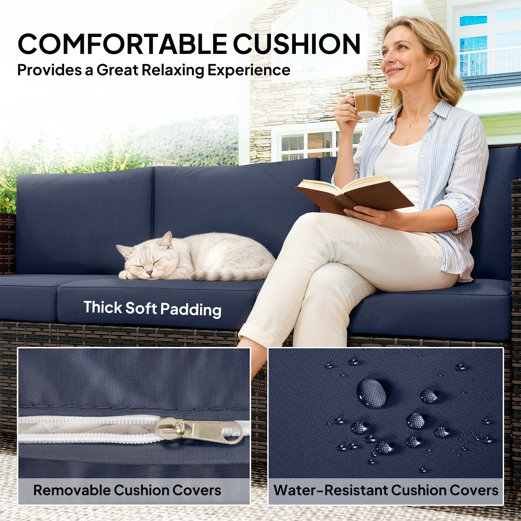 Navy blue dark blue cushion with thick soft padding on outsunny three persons rattan sofa with fire resistant fabric