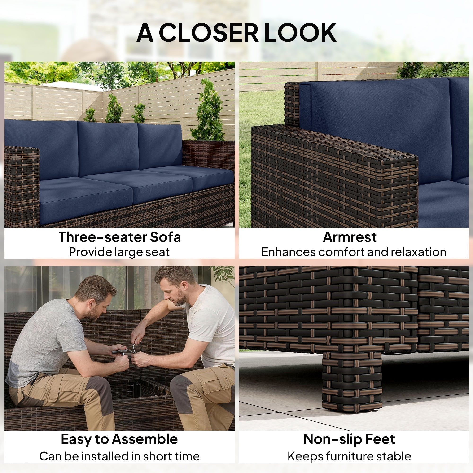 Dark brown woven rattan sofa with dark blue fire resistant cushions for three persons outdoor use