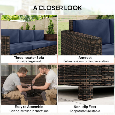 Dark brown woven rattan sofa with dark blue fire resistant cushions for three persons outdoor use