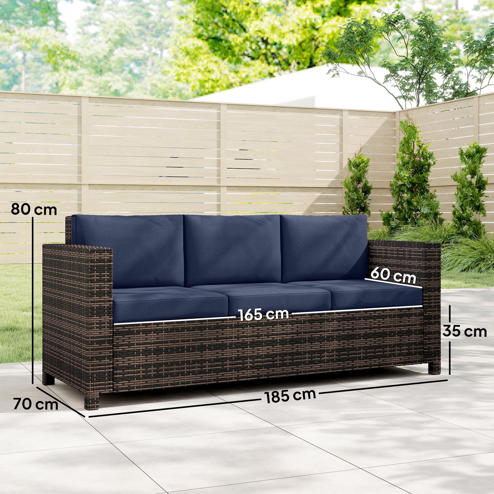 Outsunny dark brown rattan sofa with fire resistant dark blue cushions seats three persons outdoors