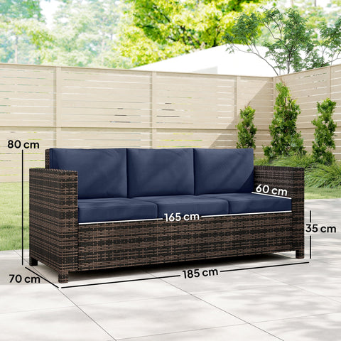 Outsunny dark brown rattan sofa with fire resistant dark blue cushions seats three persons outdoors