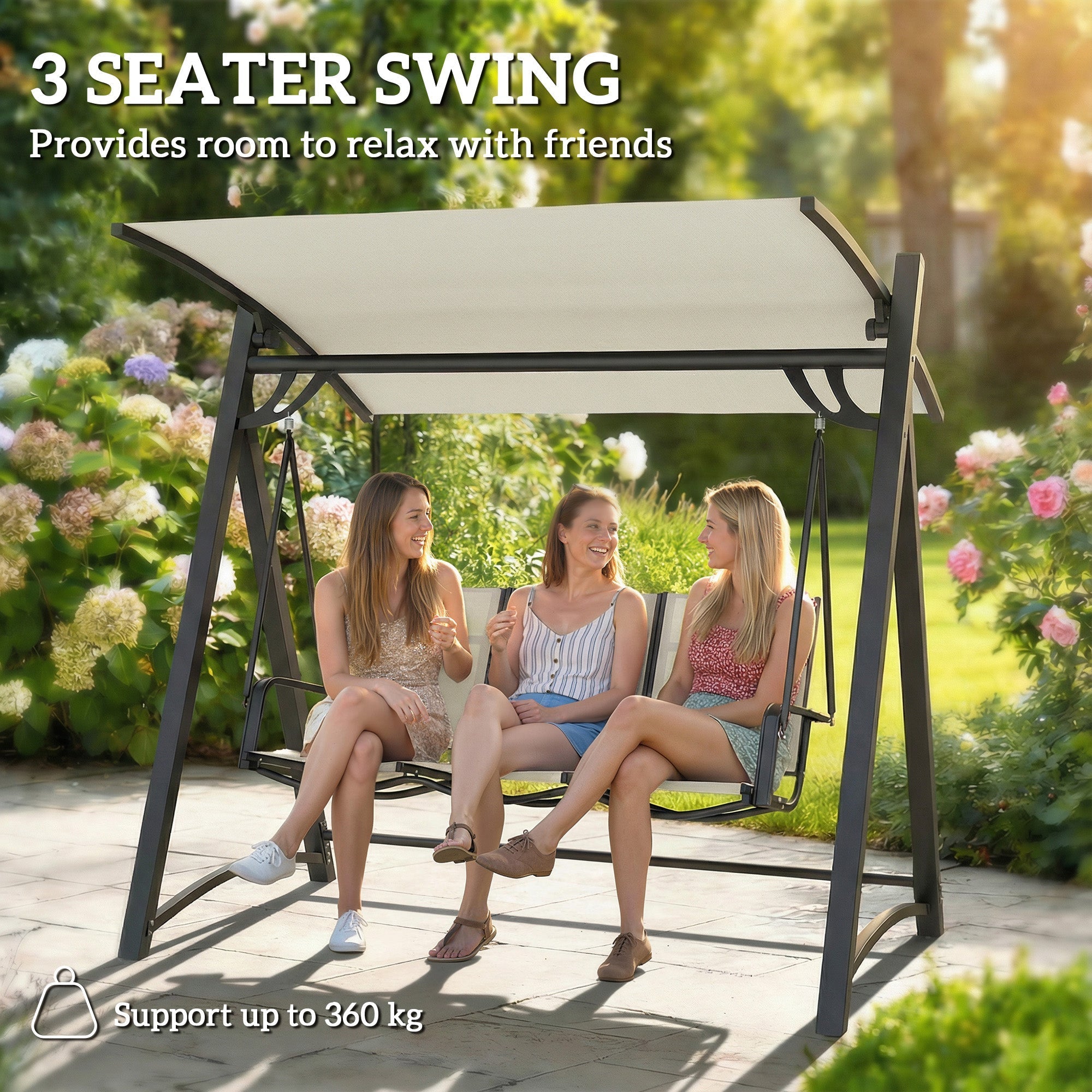 Outsunny 3 seater garden swing with black metal frame beige tilting canopy and breathable texteline fabric seat