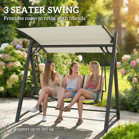 Outsunny 3 seater garden swing with black metal frame beige tilting canopy and breathable texteline fabric seat