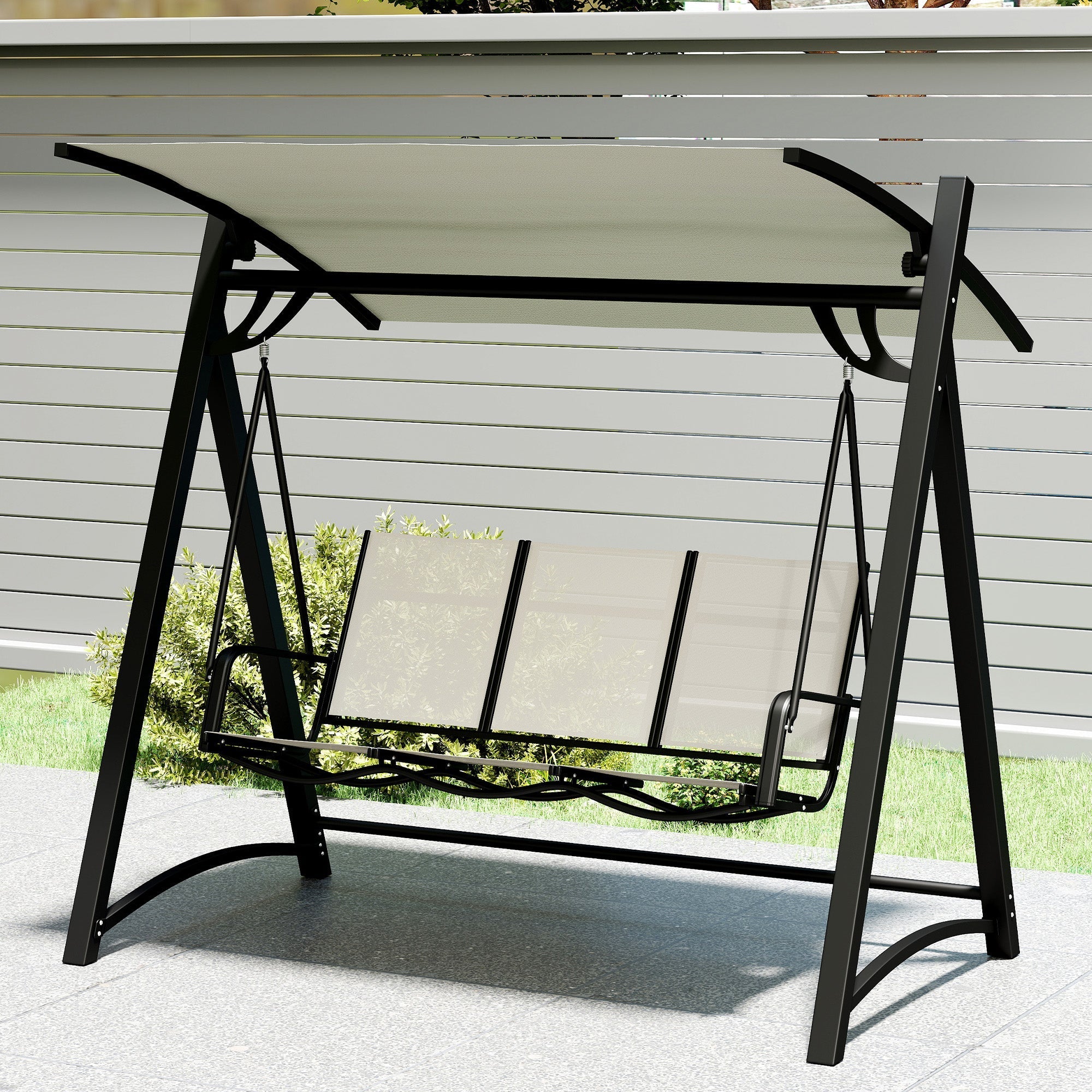 Outsunny 3 seater black metal garden swing chair with beige texteline fabric seat and adjustable tilting canopy