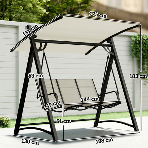 Outsunny 3 seater garden swing with black metal frame beige tilting canopy and breathable gray texteline fabric seat