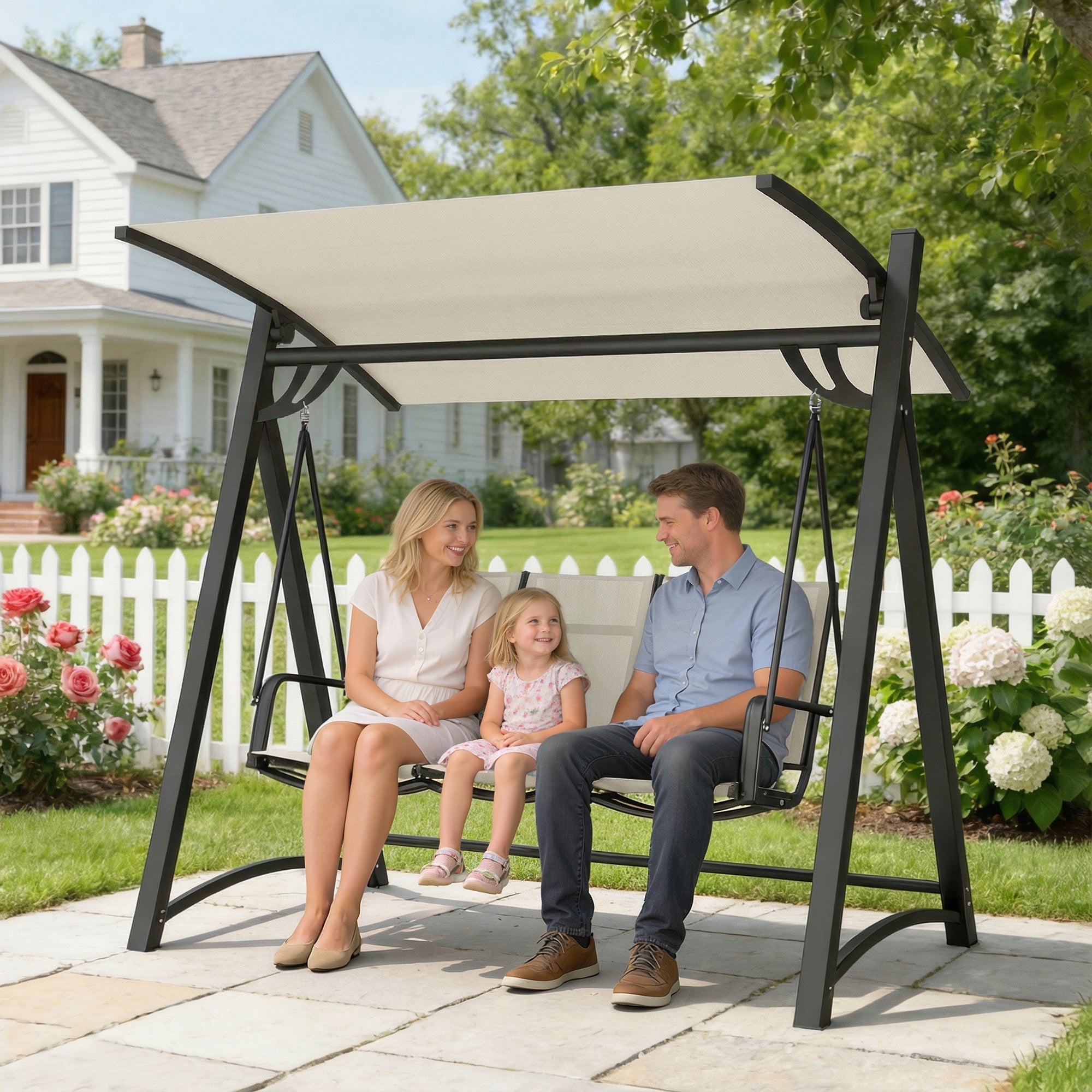 Black metal frame garden swing chair with beige tilting canopy and breathable mesh seat for three people