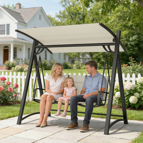 Black metal frame garden swing chair with beige tilting canopy and breathable mesh seat for three people