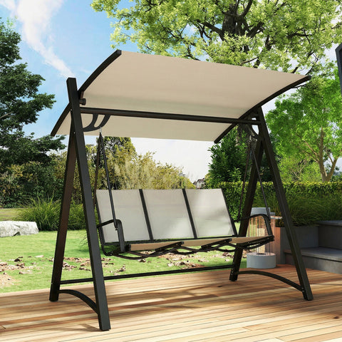 Outsunny 3 seater garden swing chair with black metal frame beige fabric seat and adjustable tilting canopy for outdoors