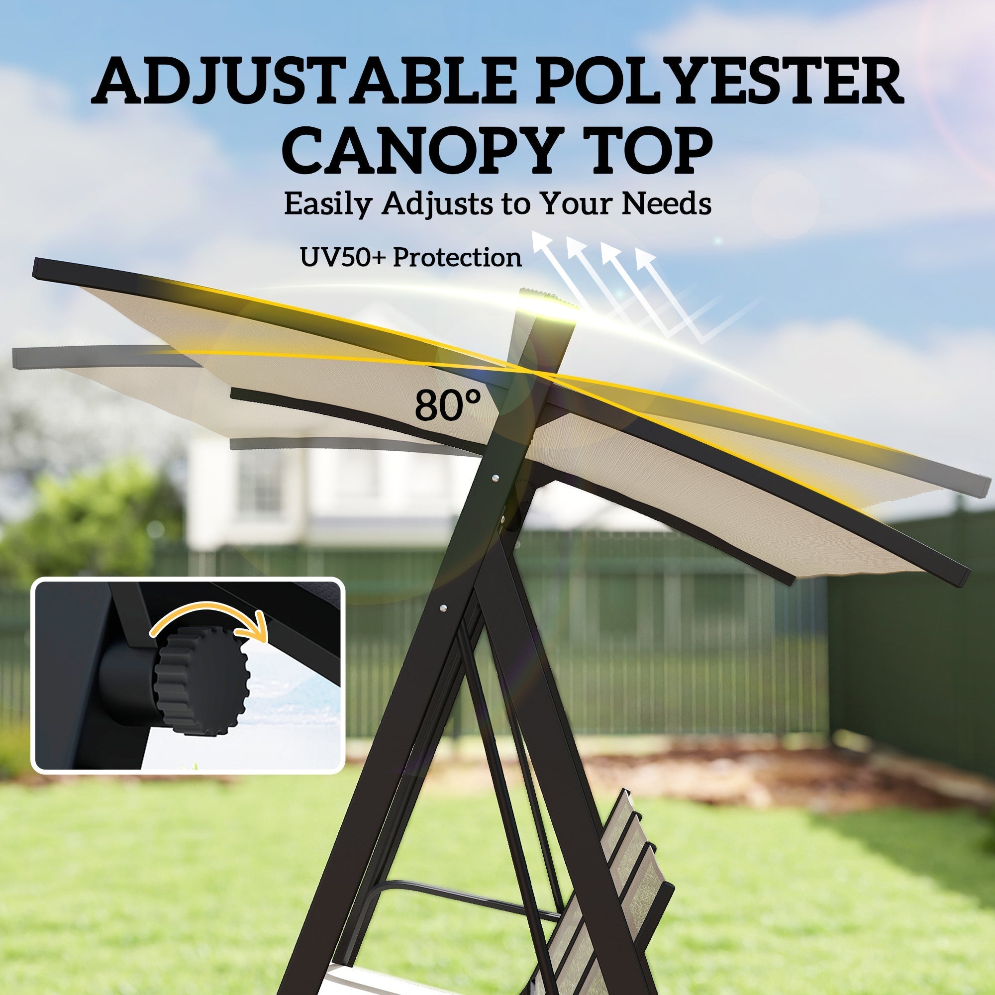 Adjustable tilting canopy with uv50+ protection on beige polyester garden swing chair with black frame by outsunny