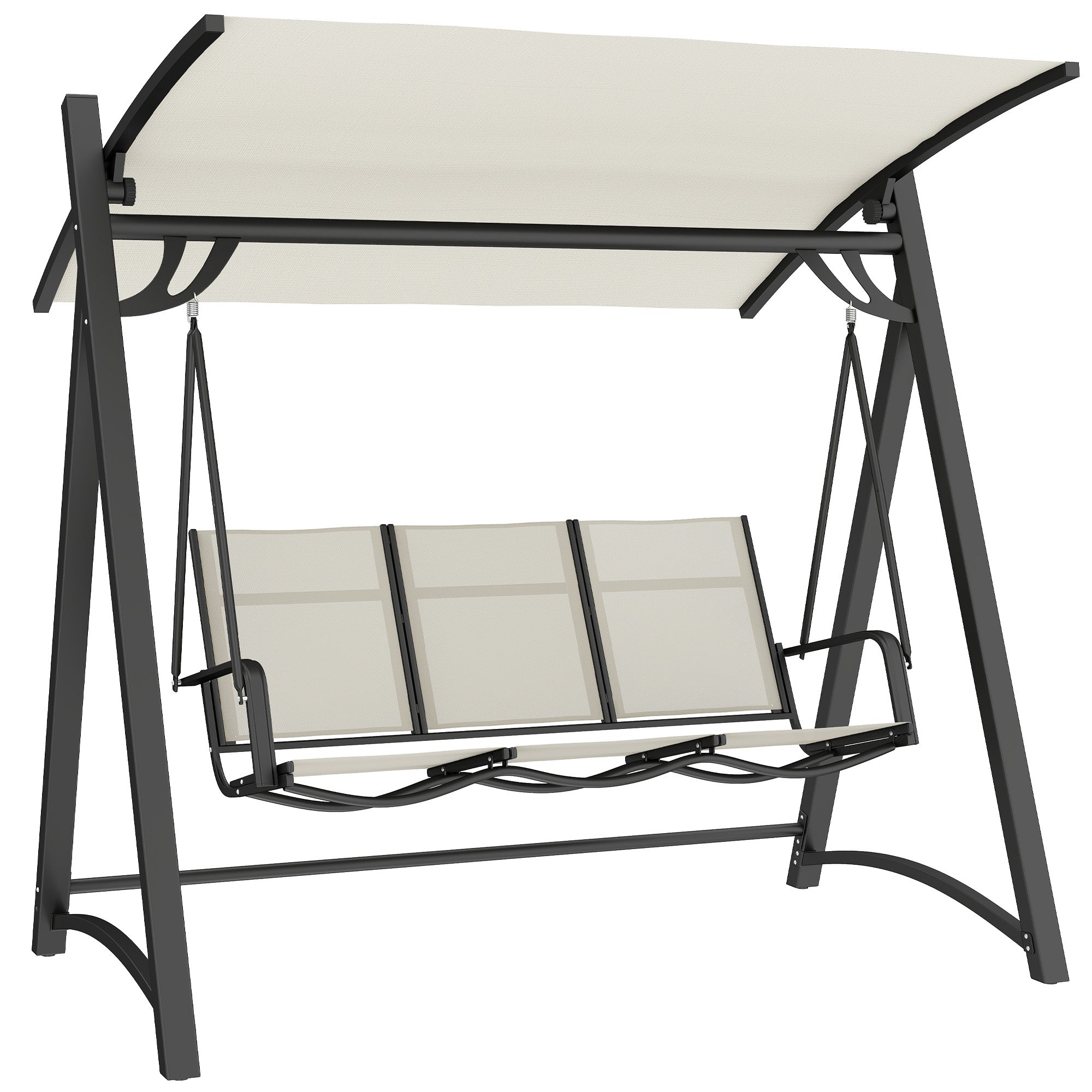 Outsunny 3 seater garden swing with black metal frame, beige texteline fabric seat, and adjustable tilting canopy