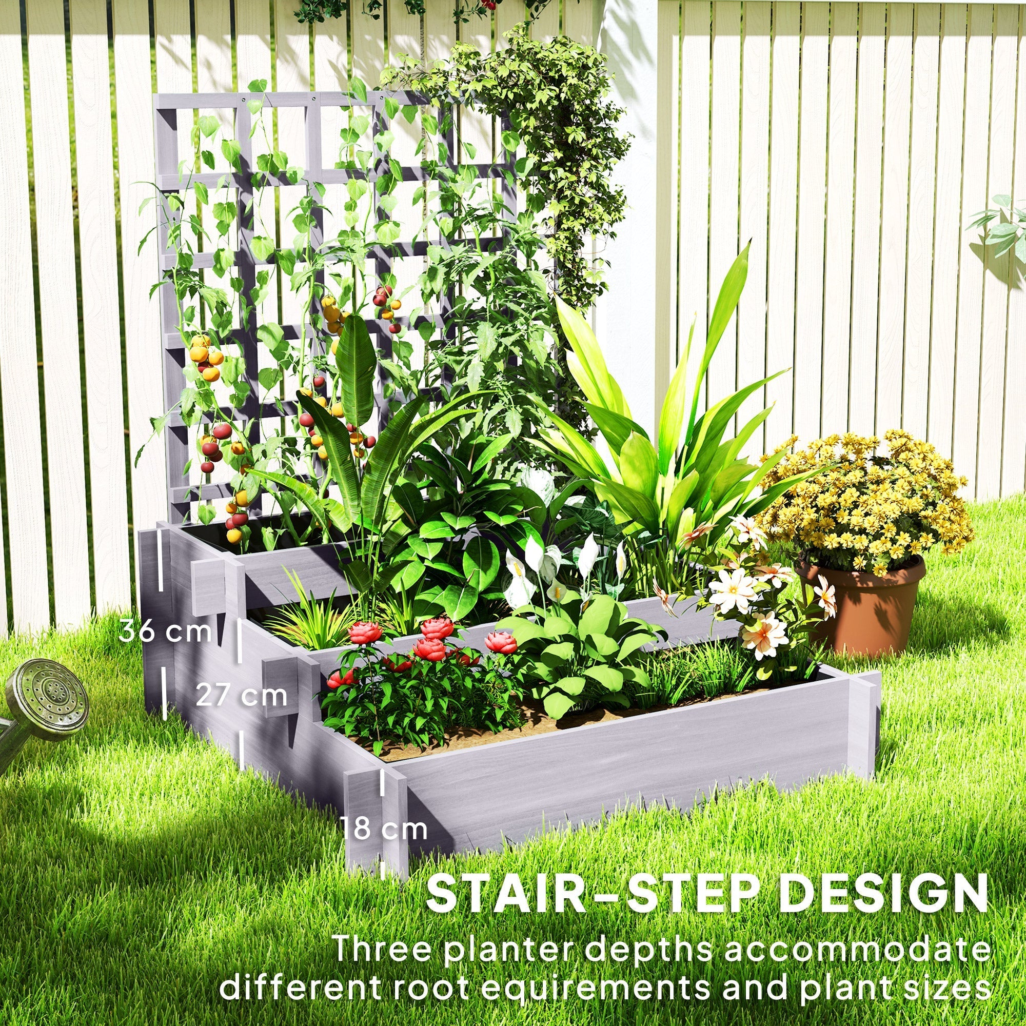 Gray wooden raised garden bed with tiered steps and trellis featuring protective paint coating for vine climbing plants