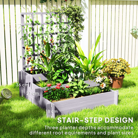 Gray wooden raised garden bed with tiered steps and trellis featuring protective paint coating for vine climbing plants