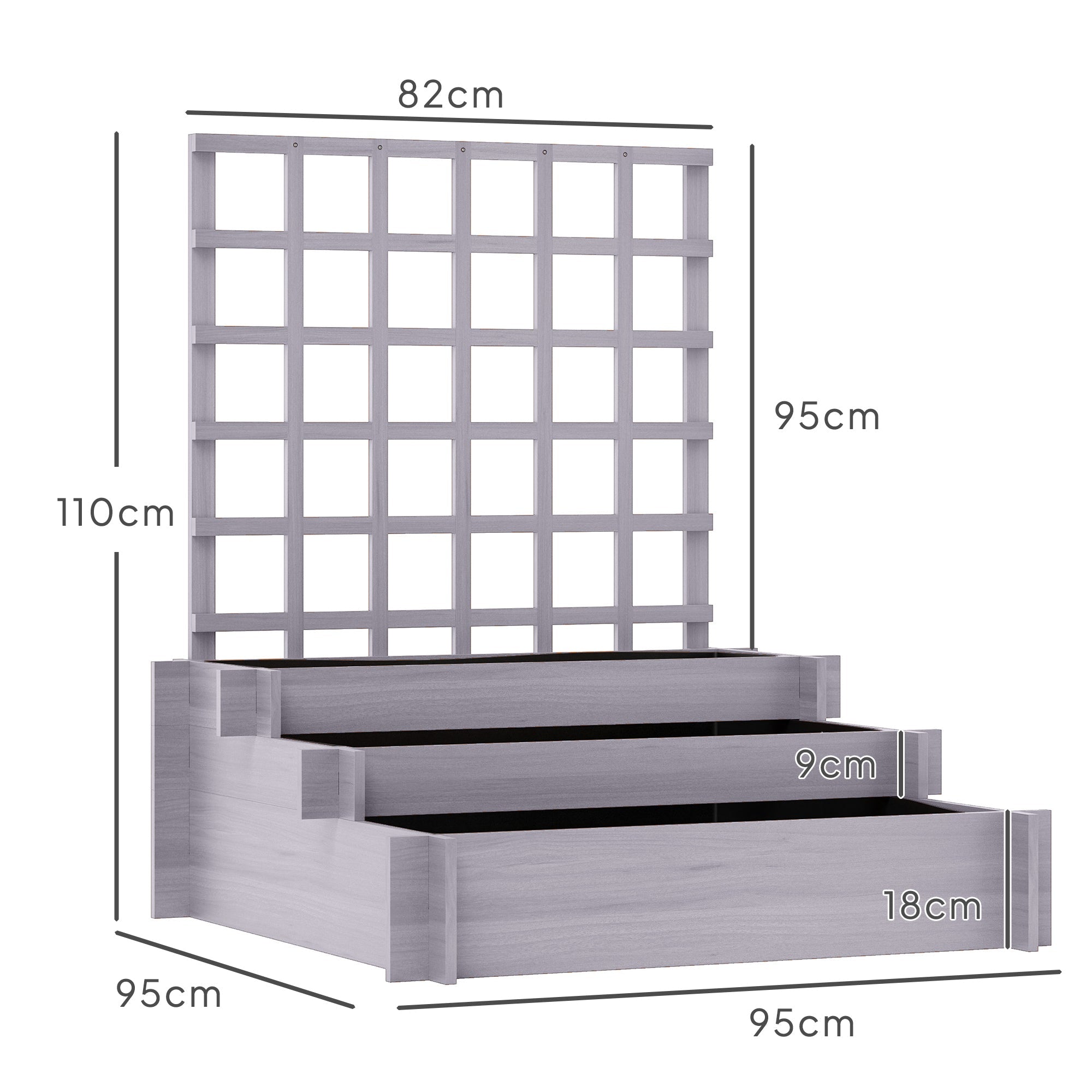 Gray wooden raised garden bed with tiered levels and lattice trellis featuring protective paint coating for durability