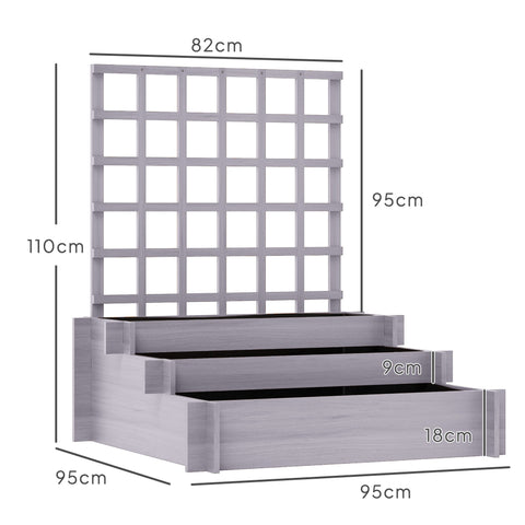 Gray wooden raised garden bed with tiered levels and lattice trellis featuring protective paint coating for durability