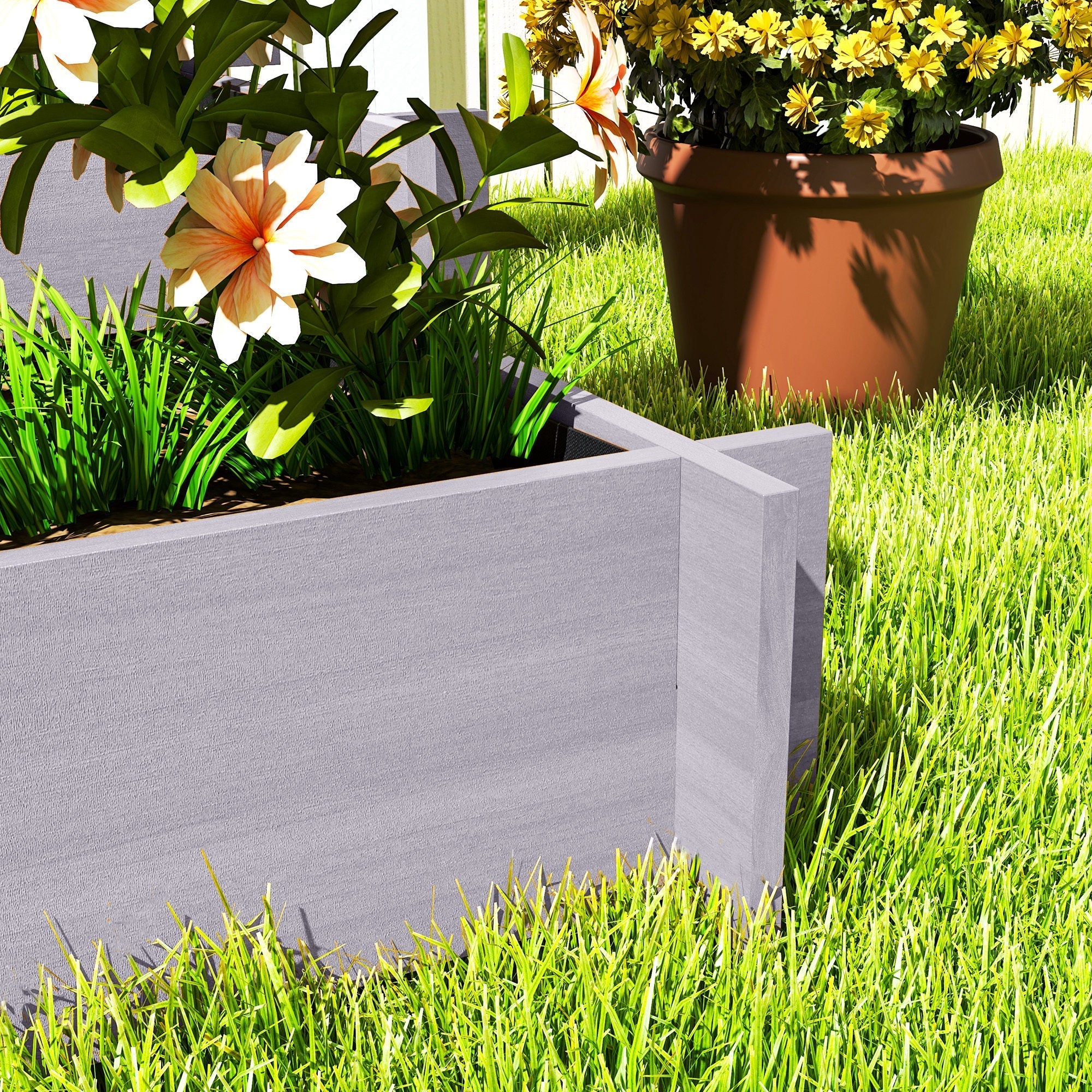 Gray wooden garden bed planter box with protective paint coating filled with green grass and white orange flowers