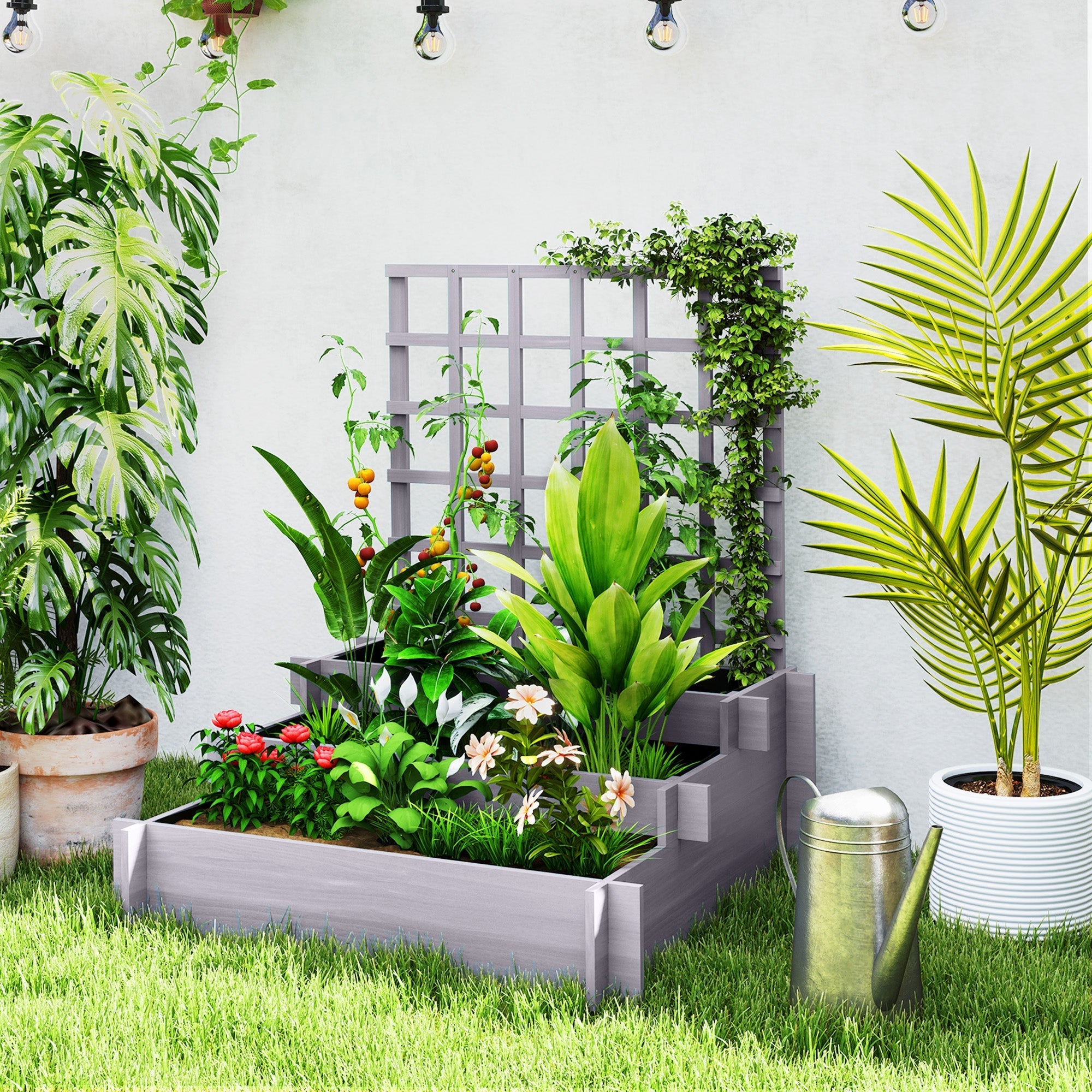 Gray wooden raised garden bed with trellis and protective paint coating for vine climbing and multiple planting levels