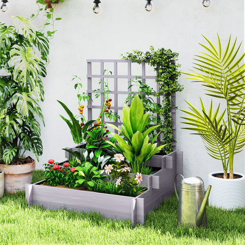 Gray wooden raised garden bed with trellis and protective paint coating for vine climbing and multiple planting levels