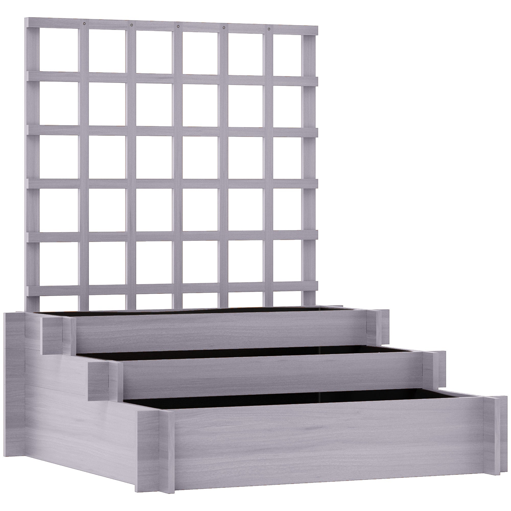 Gray wooden garden bed with three tiered raised beds and trellis featuring protective paint coating for vine climbing