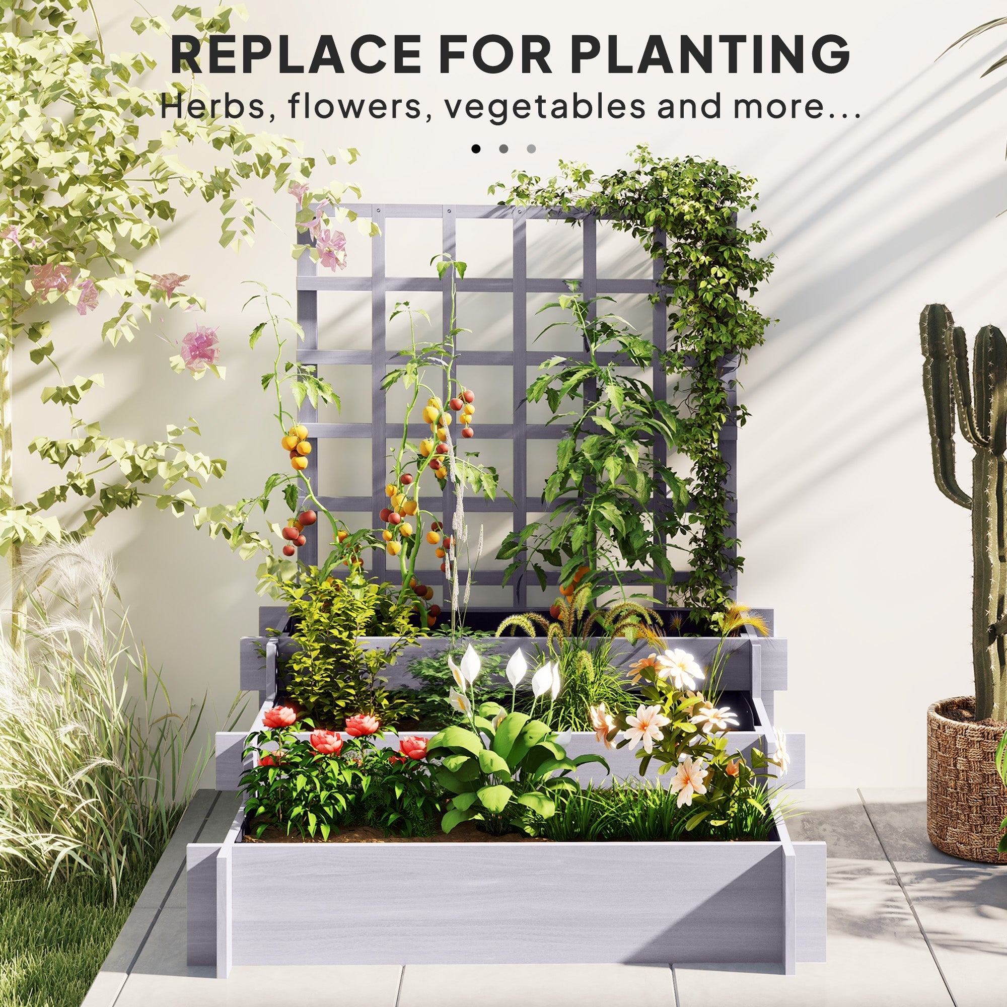 Gray wooden 3 tier garden bed with trellis for vine climbing featuring protective paint coating for durability