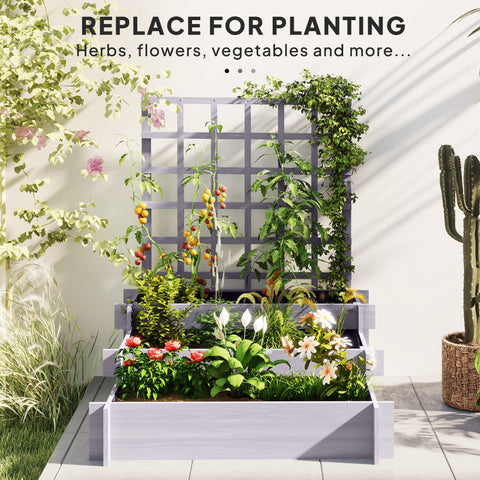 Gray wooden 3 tier garden bed with trellis for vine climbing featuring protective paint coating for durability