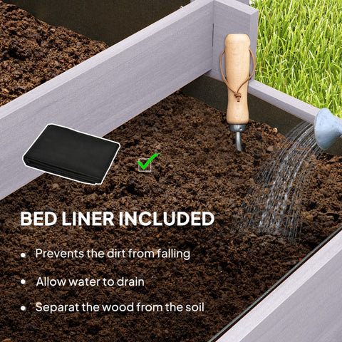 Black rectangular bed liner included with grey wooden garden bed featuring protective paint coating for vine climbing use