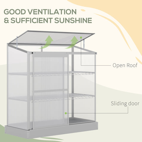 Outsunny 3 Tier Greenhouse Garden Outdoor Cold Frame Plant Flower Growth Transparent Polycarbonate Board Openable Roof Sliding Door w/ Foundation 131L x 58W x 140H cm