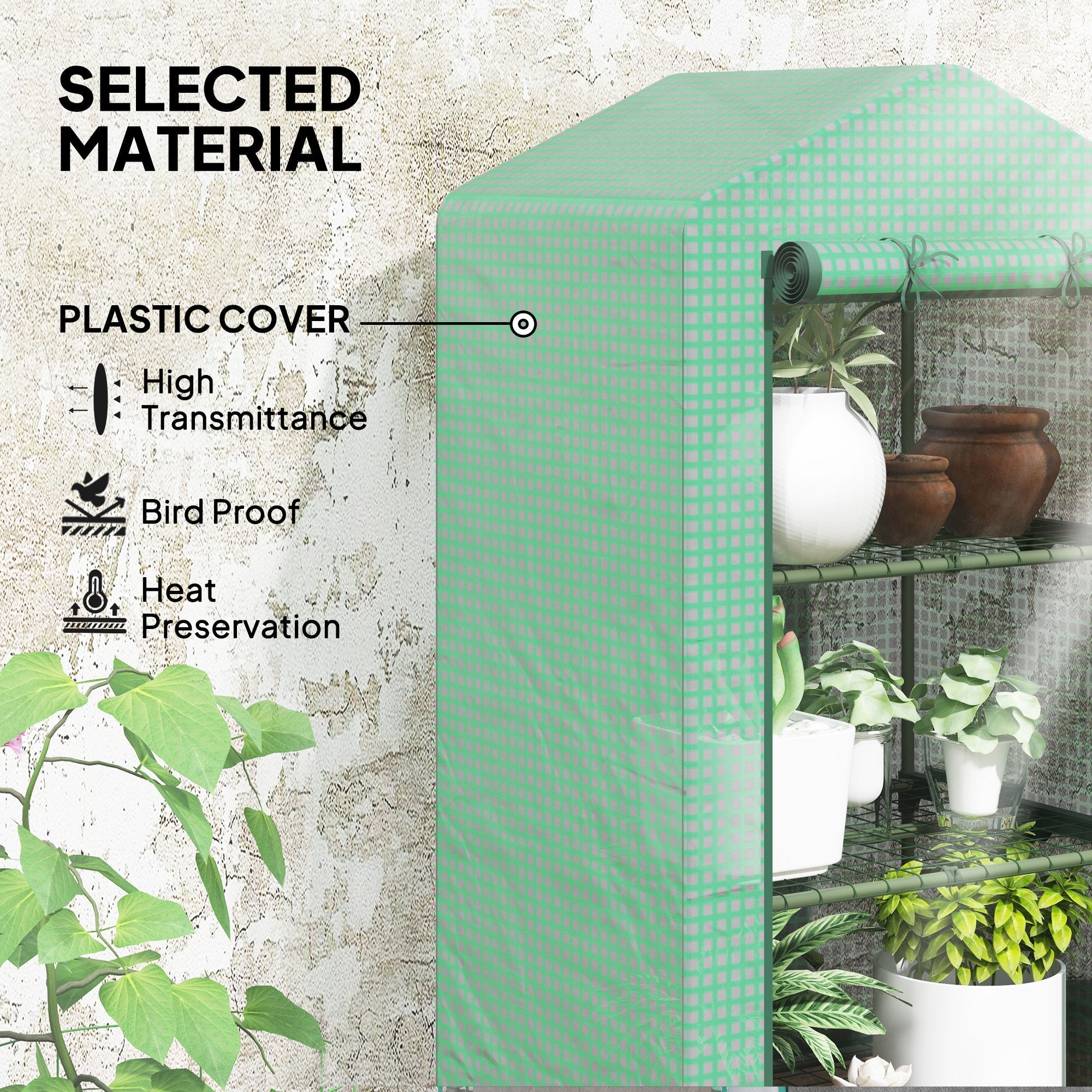 Outsunny 3 tier mini greenhouse with green plastic cover, roll-up door, metal shelves, and transparent panels for plants