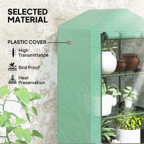 Outsunny 3 tier mini greenhouse with green plastic cover, roll-up door, metal shelves, and transparent panels for plants
