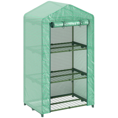 Outsunny 3 tier mini greenhouse with translucent green plastic cover, roll-up door, and three wire mesh shelves for gardening