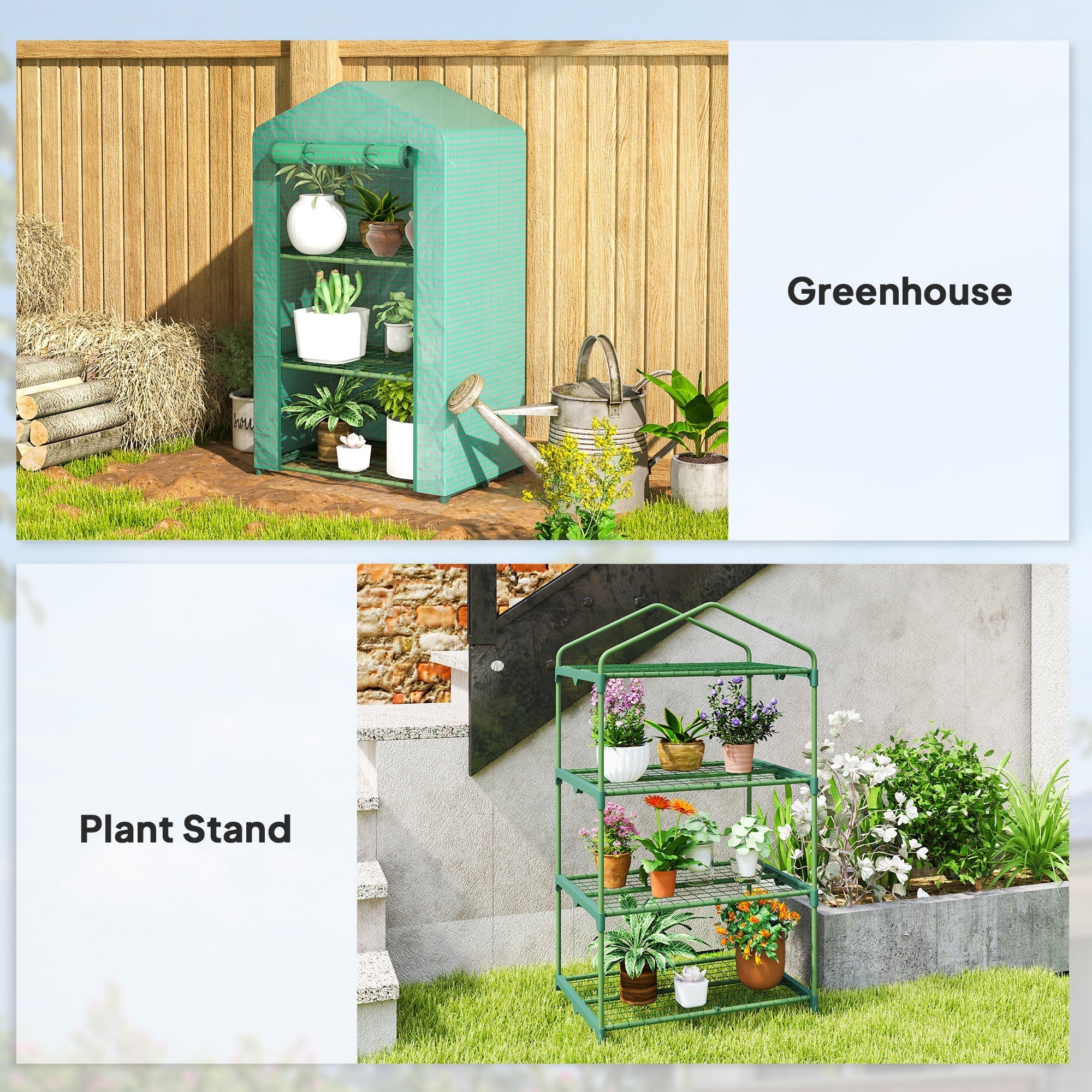 Outsunny 3 tier mini greenhouse with teal plastic cover roll-up door and wire shelves holding potted plants