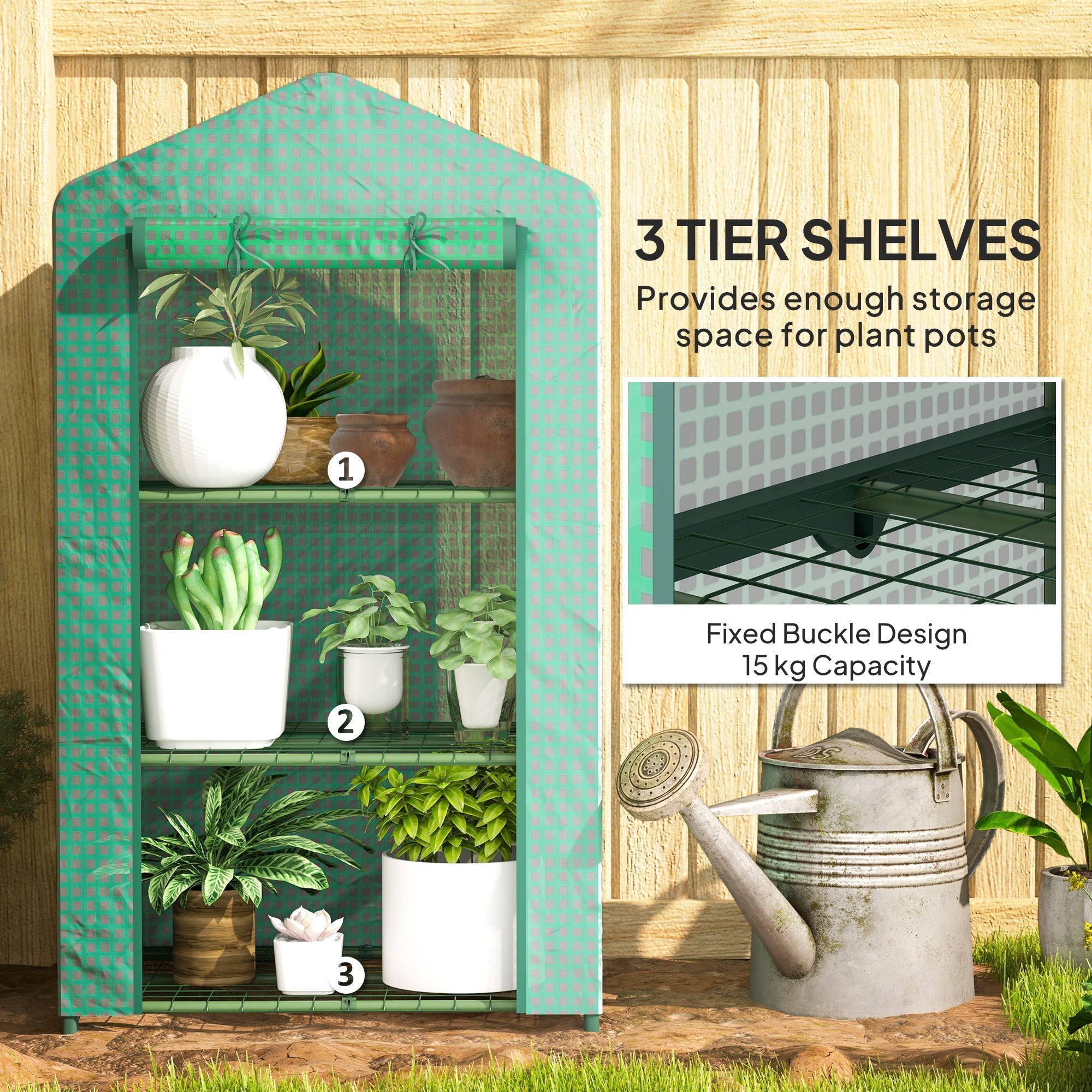 Outsunny 3 tier mini greenhouse with green plastic cover roll-up door and metal grid wire shelves for gardening