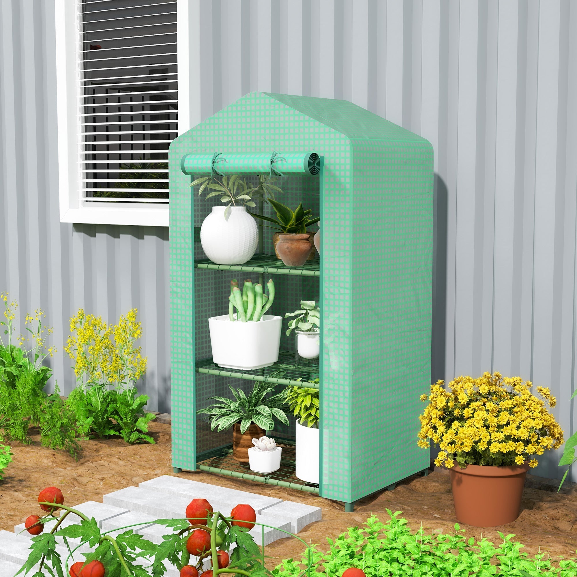Teal fabric outsunny mini greenhouse with metal wire shelves and roll-up door featuring plastic cover for plants