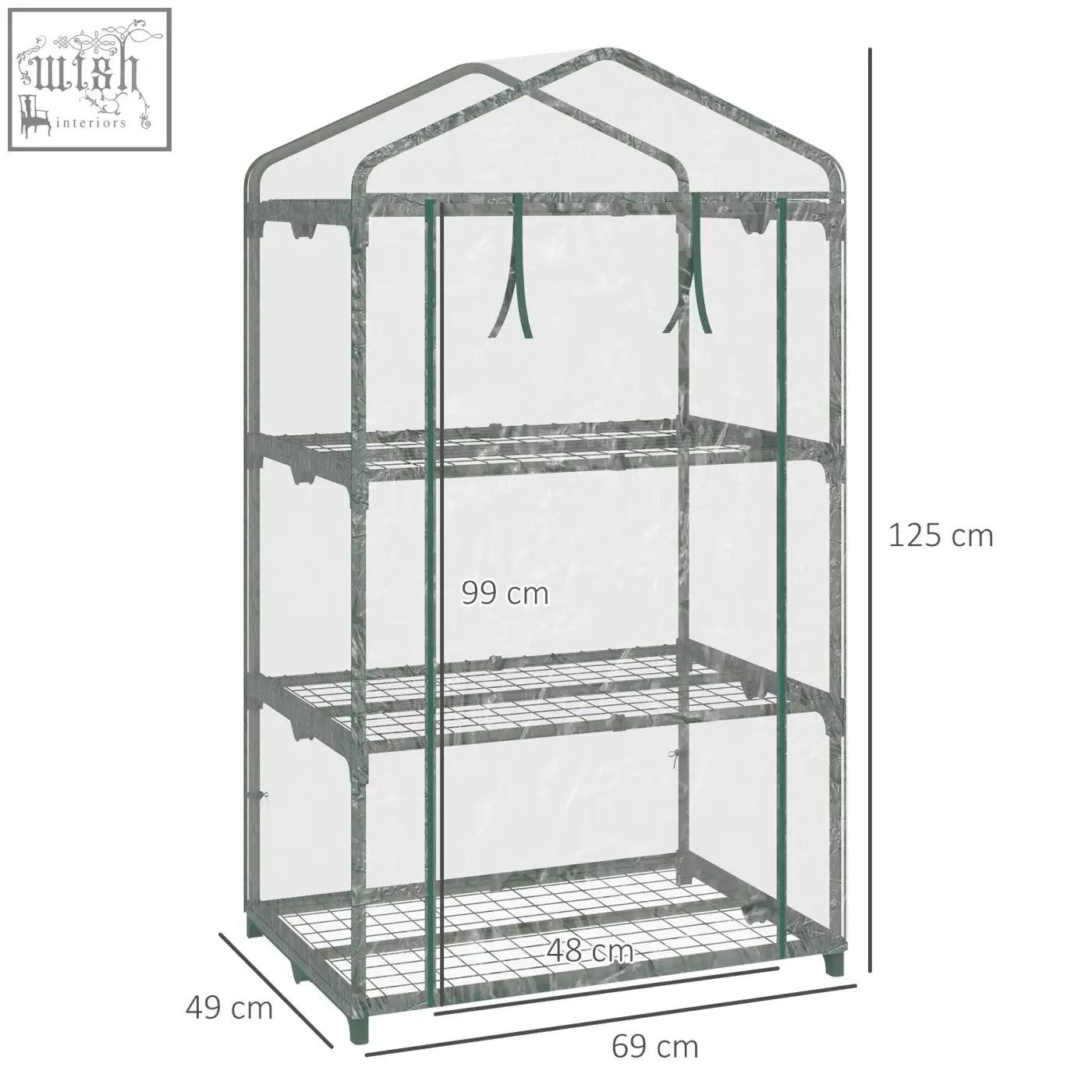 Outsunny 3 tier mini greenhouse with green metal frame, clear plastic cover, roll-up door, and wire shelves 69l x 49w cm