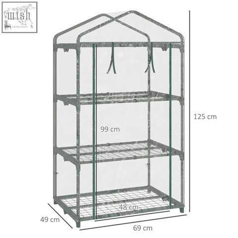 Outsunny 3 tier mini greenhouse with green metal frame, clear plastic cover, roll-up door, and wire shelves 69l x 49w cm