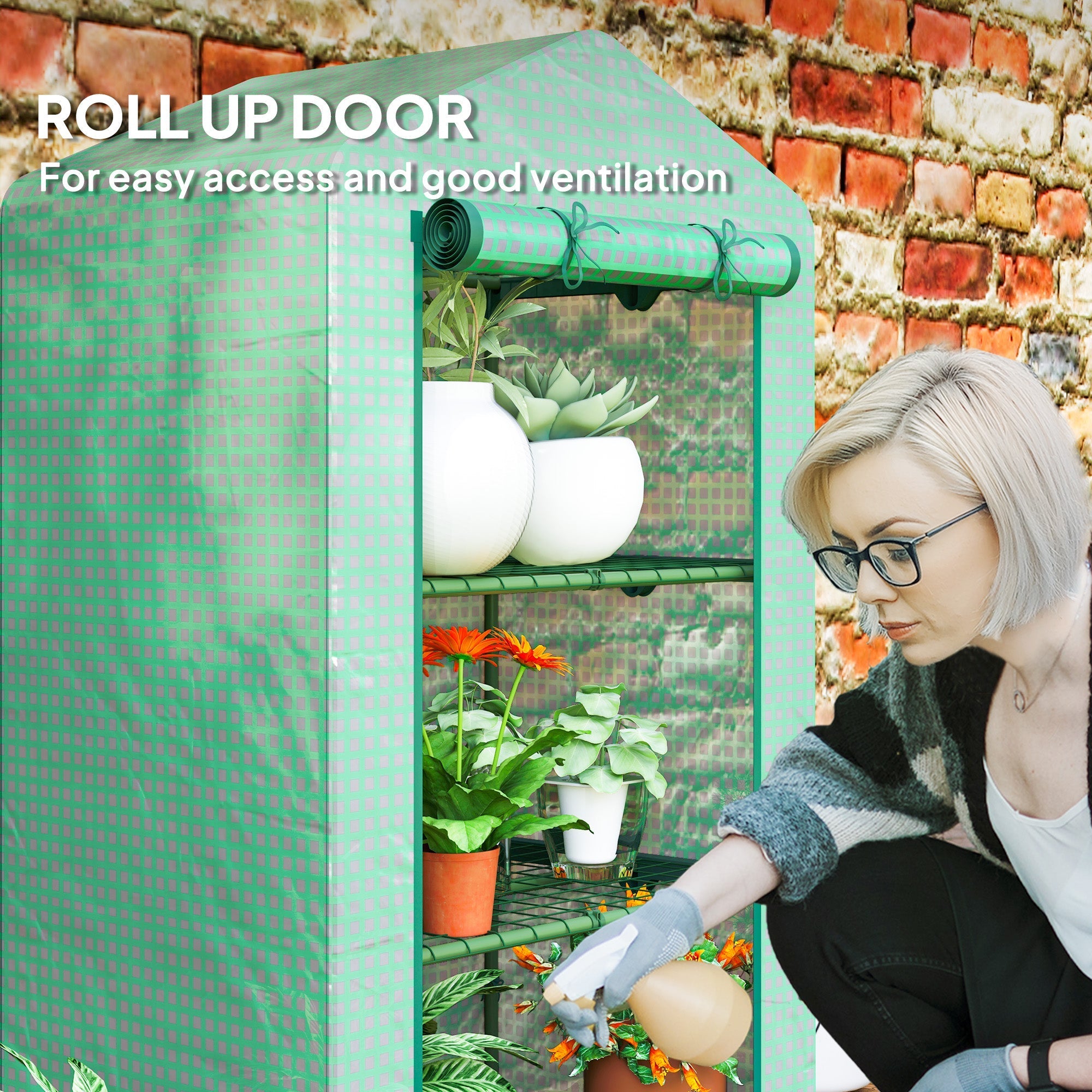 Outsunny 3 tier mini greenhouse with green plastic cover roll-up door metal frame and wire shelves for gardening