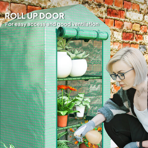 Outsunny 3 tier mini greenhouse with green plastic cover roll-up door metal frame and wire shelves for gardening