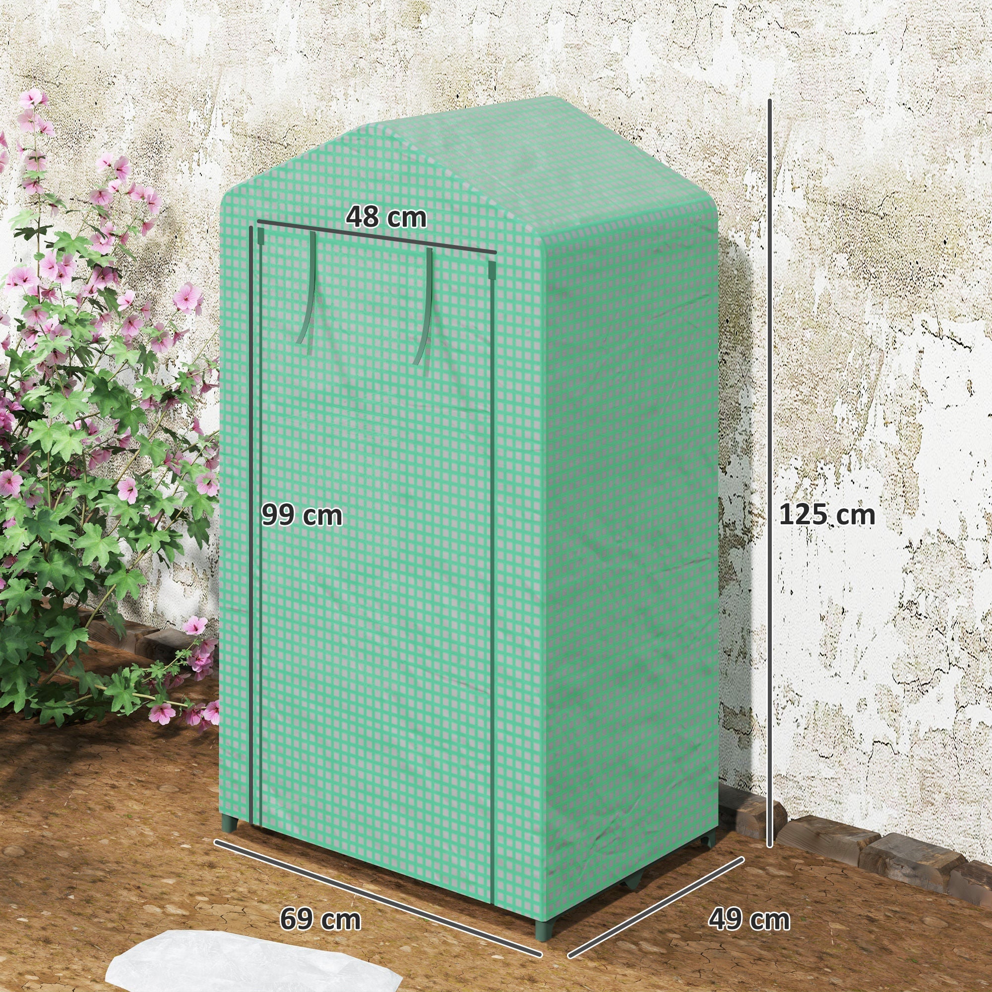 Outsunny 3 tier mini greenhouse with green checkered plastic cover, roll up door, and wire shelves, 69 x 49 x 125 cm